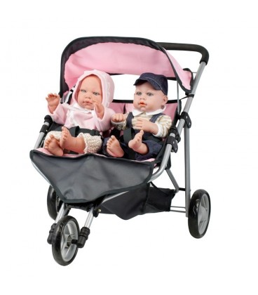 Stoutmoedig kwaliteit passen Poppenwagen twin buggy roze/grijs | voor 2 poppen | Merk: Mini Mommy