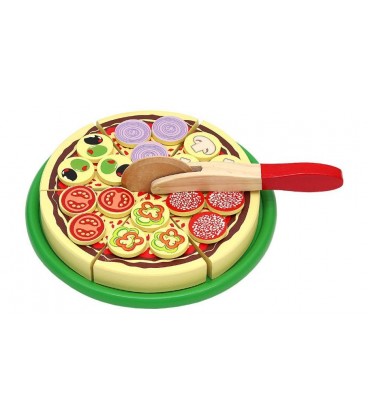 Houten pizza met pizzasnijder en toppings | Speelgoed eten