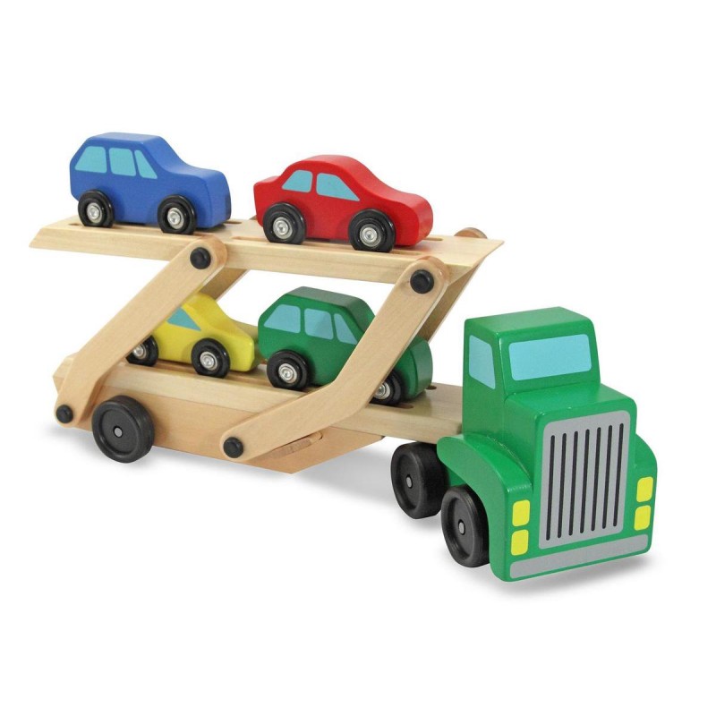 draaipunt T maagd Houten autotransporter | met 4 auto's | Houten Auto oplegger | speelgoedauto