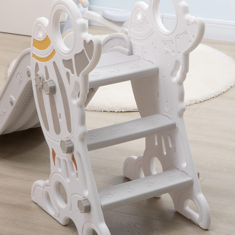 AIYAPLAY kinderglijbaan, tuin glijbaan voor kinderen van 1,5 tot 3 jaar, vrijstaande glijbaan met raketontwerp, peuterglijbaan voor binnen en buiten, grijs, wit, 157 x 46,5 x 80 cm